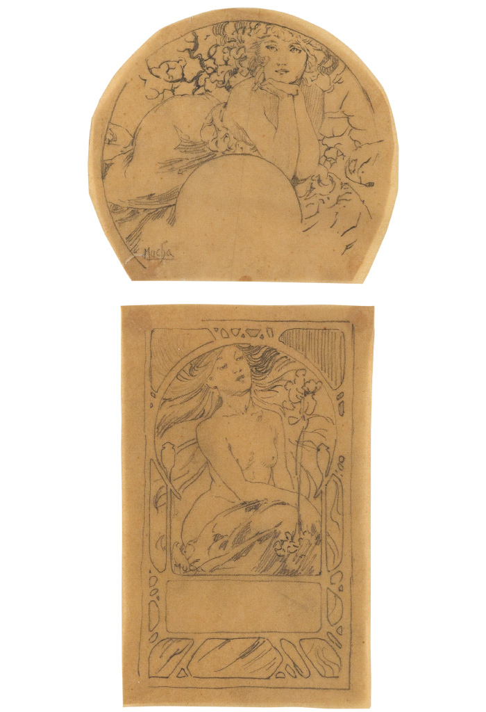 ALPHONSE MUCHA (1860-1939). [DOCUMENTS DÉCORATIFS.] Two preparatory pencil sketches. Circa 1902. Approximately 4x4 inches, 10x11 cm, an